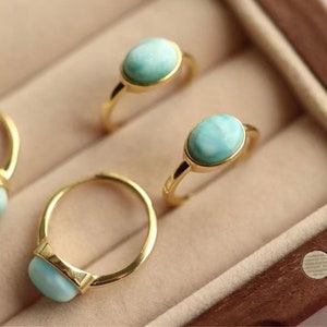 Natural Larimar Ring, Sterling Silver Gold Vermeil Ring, Oval Shaped Ring, BlueGemstone Ring, Handmade Ring, Larimar Jewelry. Boho Ring