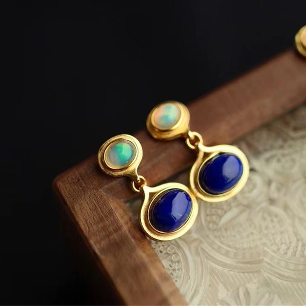 Opal und Lapis Lazuli Tropfen Ohrringe, Edelstein Ohrringe, Gesundheit Kristall Ohrringe, Silber Gold Vermeil, Braut Ohrringe, Hochzeitsgeschenk