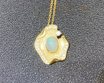 Natural Opal Pendant Necklace,Dainty CZ Opal Necklace,925 Silver Gold Vermeil,Vintage Gemstone Necklace,October Birthstone,Unique Gifts