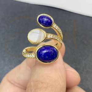Bague ouverte ovale en lapis lazuli et vadrouille avec triple pierres précieuses, bague enveloppante minimaliste, argent sterling or 18 carats vermeil, pour femme