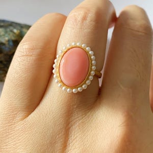 Anillo de piedra preciosa con halo ovalado rosa, perla de concha reina natural, anillo de perla ajustable para mujer, plata de ley y oro vermeil, regalo de aniversario.
