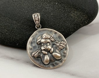 Baby Angel Necklace,Guardian pendant,Sterling Silver Medallion Necklace ,Cherub Charm, Silver Coin Pendant,Personalized Gift ,Gift for her