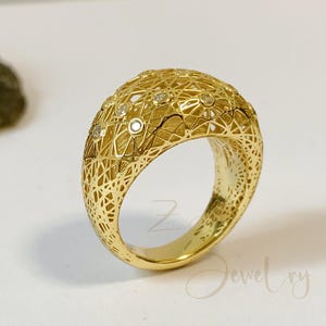 Domed Diamond Ring,Unique Filigree Ring,Sterling Silver Ring Gold Vermeil,CZ Gold Ring for Women,Anniversary, Engagement, Birthday Gift
