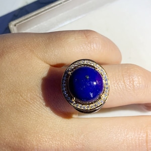 lapis ring ,cocktail ring,statement ring,anniversary ring,blue lapis lazuli stone and CZ diamond ,925 Sterling Silver 14K Gold plated