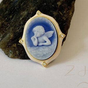 Cameo Engel Anhänger Halskette, blauer Achat Cameo Cherub Engel, Vintage Anhänger Halskette für Frauen, Hochzeit Geburtstag Jahrestag christliches Geschenk