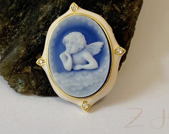 Cameo Angel Pendant Necklace,Blue Agate Cameo Cherub Angel ,Vintage Pendant Necklace for Women,Wedding Birthday Anniversary Christian Gift