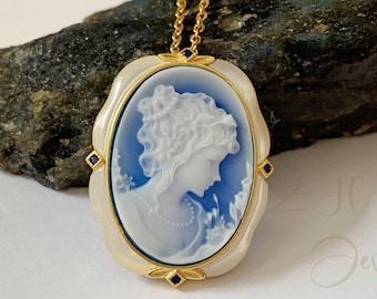 Shell Cameo Necklace,Blue Agate Cameo Brooch Pins,Vintage Gemstone Pendant Necklace for Women,Wedding Birthday Anniversary Gift for her