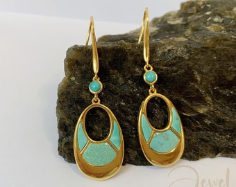 Pendientes colgantes de turquesa hechos a mano, plata de ley bañada en oro, joyería de turquesa para mujer, pendientes largos de gema azul, regalo de aniversario.