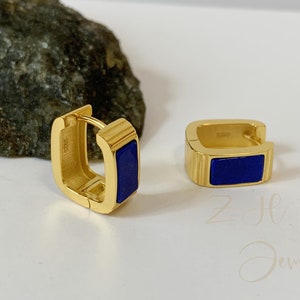 Boucles d'oreilles lapis Huggie, boucles d'oreilles en forme de U, boucles d'oreilles, boucles d'oreilles délicates faites main, argent sterling or vermeil, cadeau d'anniversaire pour femme