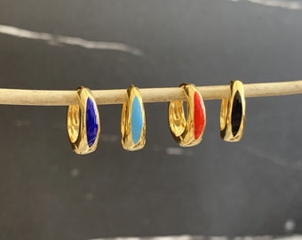 Dark Blue Enamel Hoop Earrings,Gold Plated Huggie Earrings for Women and Girls,Blue Red Black Hoop Earrings ,Minimalist Bohemian Earrings