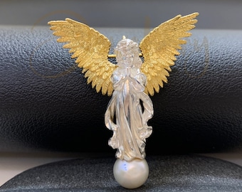 Vintage Angel brooch pins ,Guardian angel pins,Angel Pendant,pearl brooch pins, Religious gift for women,925 sterling Silver gold plated