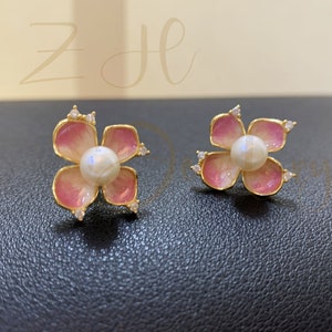 Flower Stud Earrings,Sakura Earrings, Freshwater Pearl Earring,Pink Enamel Earrings,Cherry Blossom Post Earrings,925 Silver Gold Vermeil