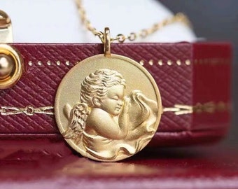 Cherubijnketting, religieuze engel, 16 mm vintage ketting met muntlagen, cadeau voor haar