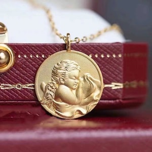 Cherub Necklace,Medallion Necklace,18K Gold Religious Angel,16mm Vintage Coin Necklace,Layering Necklace,Gift for her