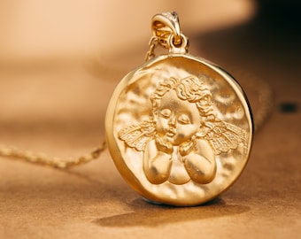 Angel Medallion Necklace,cherub Necklace,18k Solid Yellow Gold