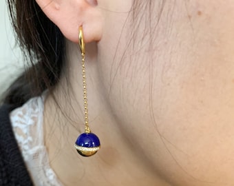 Lapis dangle earrings, Lapis lazuli drop earrings,Bells earrings,chain threader earrings,birthday gift for her, Sterling Silver gold  plated