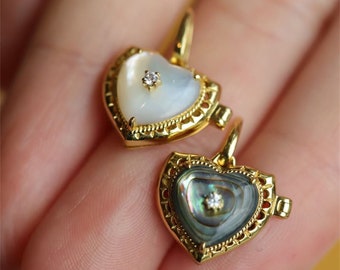 Heart Locket Pendant Necklace with Mother of Pearl ,Abalone Shell Necklace,Gemstone Poison Pendant,Anniversary Gift.2K Solid Yellow Gold