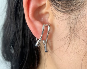 Suspender Earrings,Sterling Silver Ear Lobe Cuff Earrings, Abstract Ear Cuff,Minimalist Chunky Ear Cuff, Gold Vermeil Earrings, Non Pierced