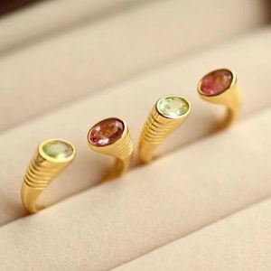 OpenTourmaline Ring, Multi Gemstone Ring,Pink Tourmaline, Dainty Multistone Stacking Ring,Green Tourmaline,Sterling Silver 18K Gold Vermeil