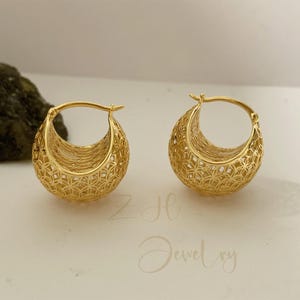 Złote kopuły Huggies, kolczyki koła Ball, grube kolczyki koła Boat Basket, delikatne kolczyki filigranowe, prezent dla niej, srebro próby 925, złoto Vermeil