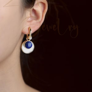 Disc Mother of Pearl Hoop Charm Earrings,Natural Lapis Lazuli and Freshwater Pearl,Gemstone  Earings for Women,Sterling Silver Gold Vermeil