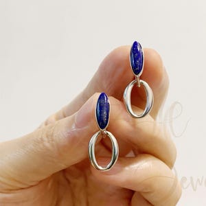 Lapis Lazuli Hoop Charm Earrings ,Sterling Silver Blue Gemstone Huggie Earrings,Small Hoop Dangle Earrings ,Fine Jewelry Christmas Gifts