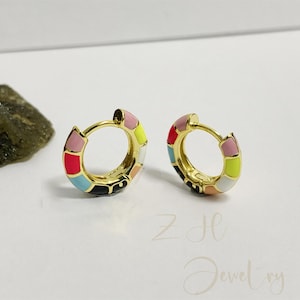 Colorful Enamel Hoop Earrings, Gold Plated Leverback Earrings, Retro Huggie Earrings ,Bohemian Hoop Earrings, Cute Earrings,Gift for Her