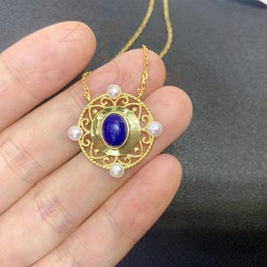 Vintage Lapis Anhänger Halskette mit Perle Süßwasserperlen, filigrane hohle Halskette für Frauen, Sterling Silber Gold Vermeil, Geburtstagsgeschenk
