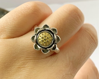 Lotus Flower Fidget Ring in 925 Sterling Silver,Hadmade Adjustable Spinner Ring for women