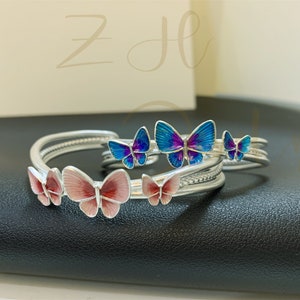 Blau Emaille Schmetterling Manschette Armband für Frauen in 925 Sterring Silber, Rosa Schmetterling Offener Armreif Modernes Vingtage Weihnachtsgeschenk für Sie