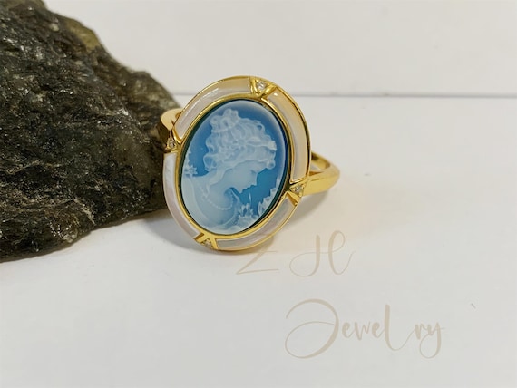 Shell Cameo Necklace,blue Agate Cameo Brooch Pins,vintage Gemstone