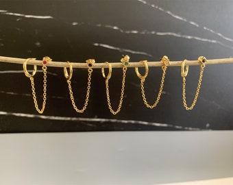 Orecchini a catena con doppio piercing, orecchini a cerchio avvolgenti, orecchini con infilatura di diamanti CZ, orecchini a catena con due fori, orecchini collegati in oro, regali