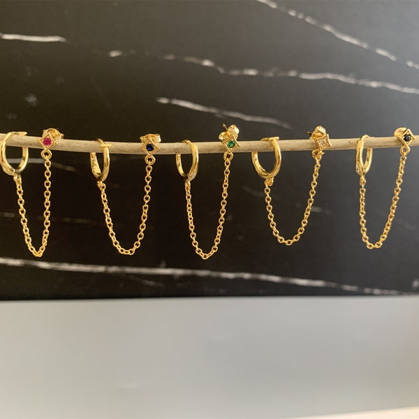 Double Piercing Chain Earring,Hugging Hoop Earrings ,CZ Diamond Threader Earrings,Two Hole Chain Earring,Gold Connected Earrings,Gifts