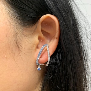 Paved Blue Cz Ear Lobe Cuff Stud Earrings,Sterling Silver Suspender Drop Earrings,Warp Cuff Dro for women,Unique Gift for Wedding