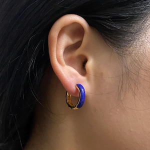 Lapis Huggie Hoop Earrings,Vintage Hoop Earrings,Filigree Hoop Earrings, Dainty Handmade Gemstone Earrings,Sterling Silver Gold Vermeil