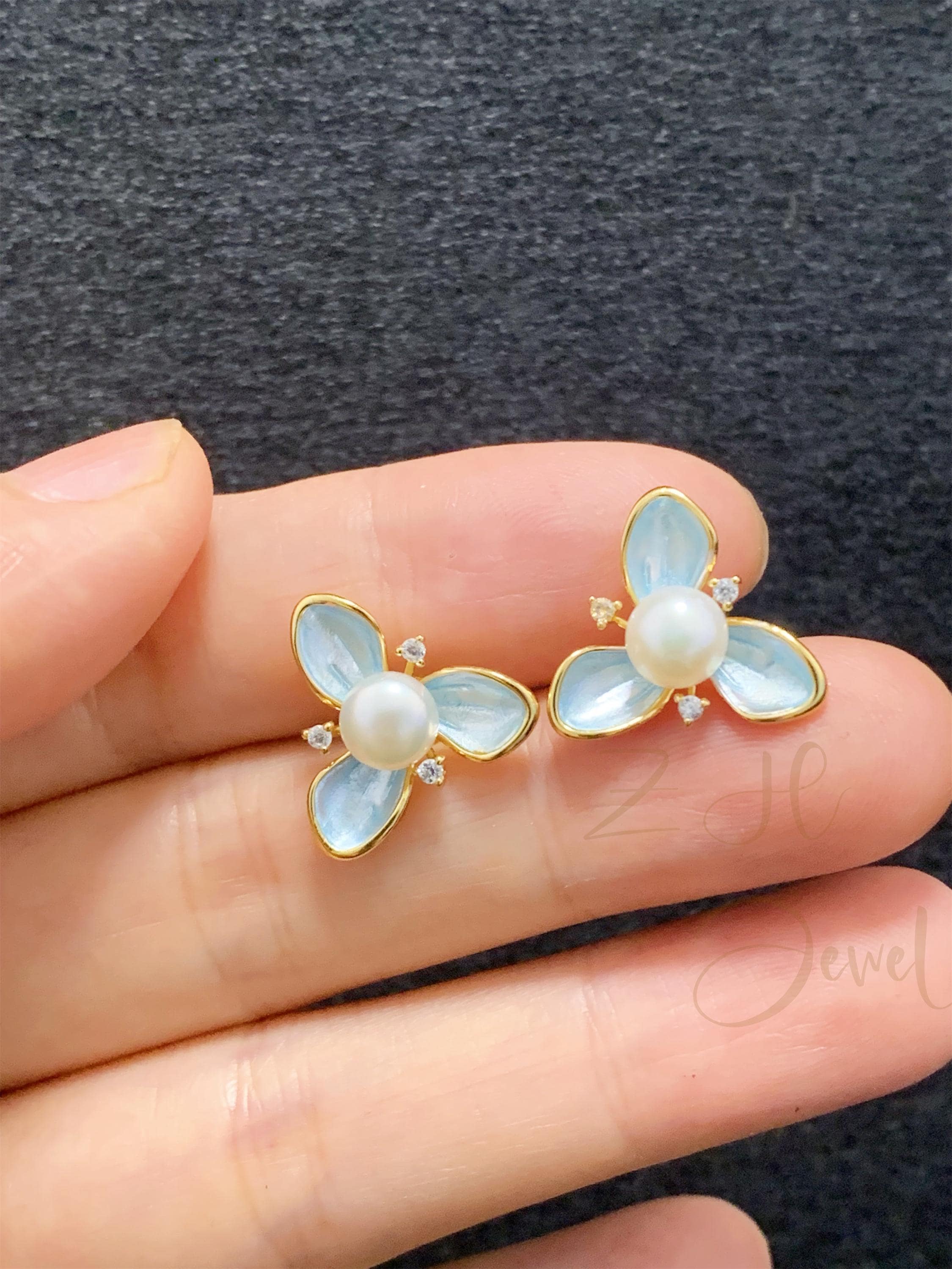 Blue Enamel Flower Earrings: Sterling Silver Pearl Studs - Etsy