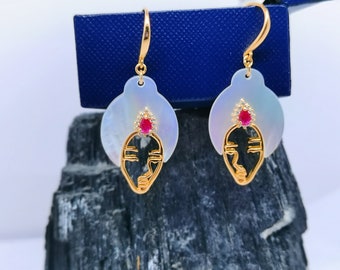 Mother of pearl dangle earrrings,abstract earrings,silhouette earrings for women,white shell earrings,925 Sterling Silver with plated Gold