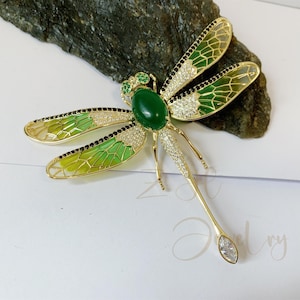 Big Green Gemstone Dragonfly Brooch Pin,Luxury Zircon Dragonfly Brooch,Enamel Brooch for Women,Wedding ,Anniversary,Bride Mother&#39;s Day Gifts