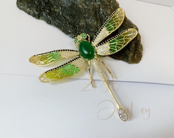 Große grüne Edelstein Libellen Brosche, Luxus Zirkon Libellen Brosche, Emaille Brosche für Frauen, Hochzeit, Jubiläum, Geschenke für Braut Mutter