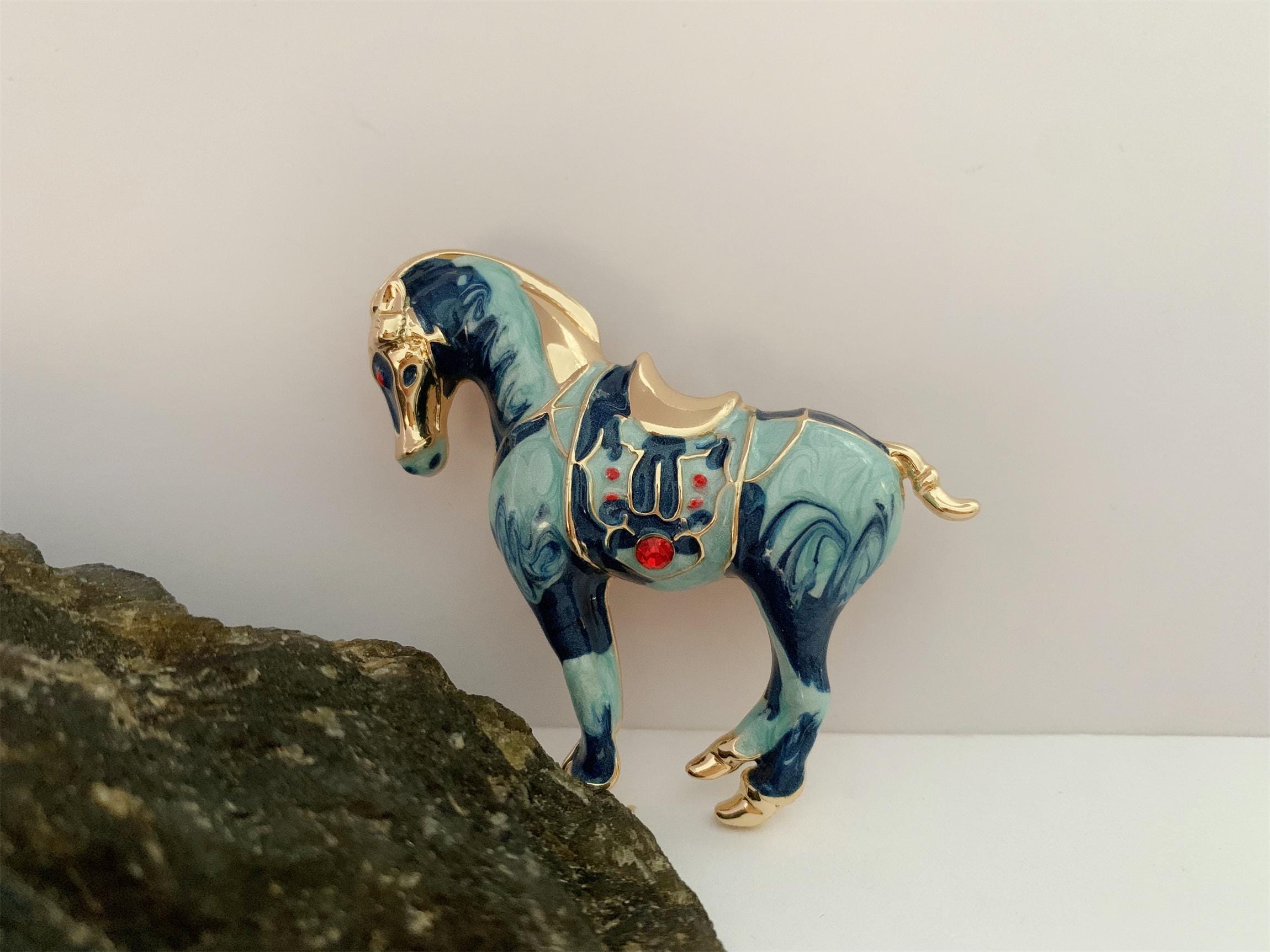 Broche Tête De Cheval Noir Et Doré Avec Strass Blanc - Bijou Fantaisie - Neuf Sans Emballage