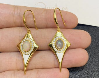 Opal Dangle Earrings,Geometric Dorp Earrings,Sterling Silver Gold Vermeil Minimalist Gemstone Earrings, October Birthstone, Gift for Her