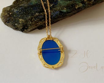 Shell Cameo Necklace,blue Agate Cameo Brooch Pins,vintage Gemstone