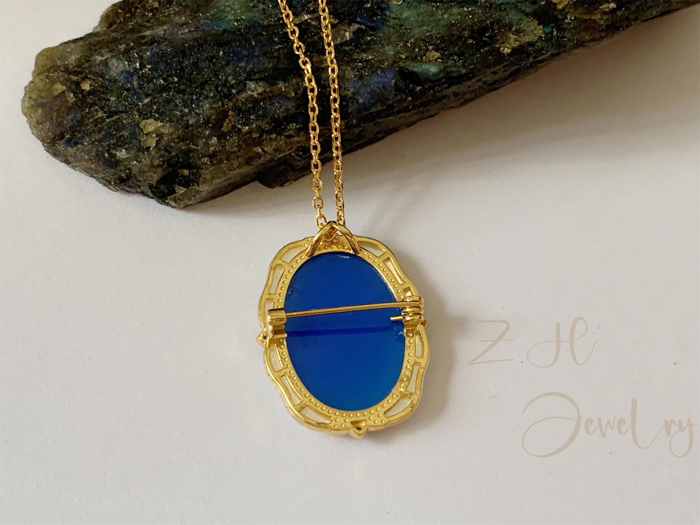 Shell Cameo Necklace,blue Agate Cameo Brooch Pins,vintage Gemstone
