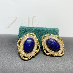 Vintage Lapis Lazuli Stud Earrings with CZ, Dark Blue Stone Earirngs,Sterling Silver Gold Plated ,Genuine Lapis Stud ,Earrings for Women