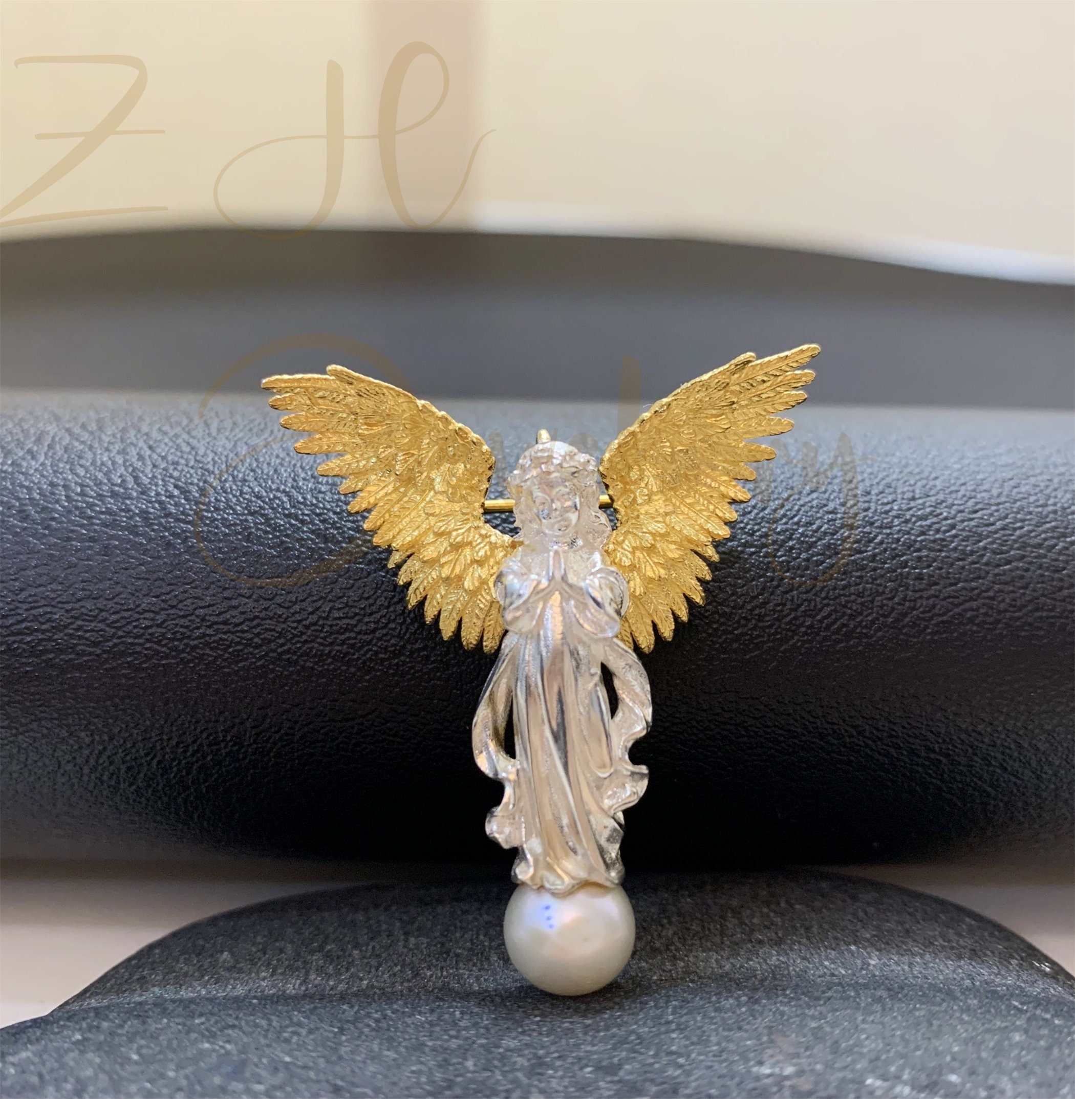 Vintage Angel brooch pins Guardian angel pins Angel Pendant pearl brooch pins Religious gift for women 925 sterling Silver gold plated