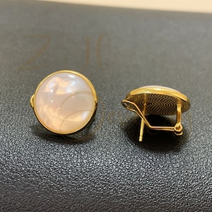 Mother of Pearl Stud Earrings,Cabochon studs，Round post studs,Minimalist white gemstone earrings, gift for wedding,silver gold plated