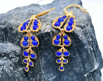 Lapis Lazuli Dangle Earrings,September Birthstone Earrings,Handmade Earrings,Blue Lapis Beaded Earrings,Sterling Silver Gold Plated,Gifts
