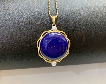 Round lapis lazuli necklace, blue lapis  pendant ,minimalist necklace for women,lapis and pearl jewelry,Sterling Silve Gold plated