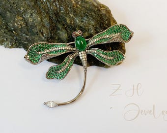 Broche de libélula verde, joia com tema de inseto. Presente para avó. Broche de libélula de luxo com zircônia, ideal para casamentos, aniversários, presentes para noivas e mulheres.