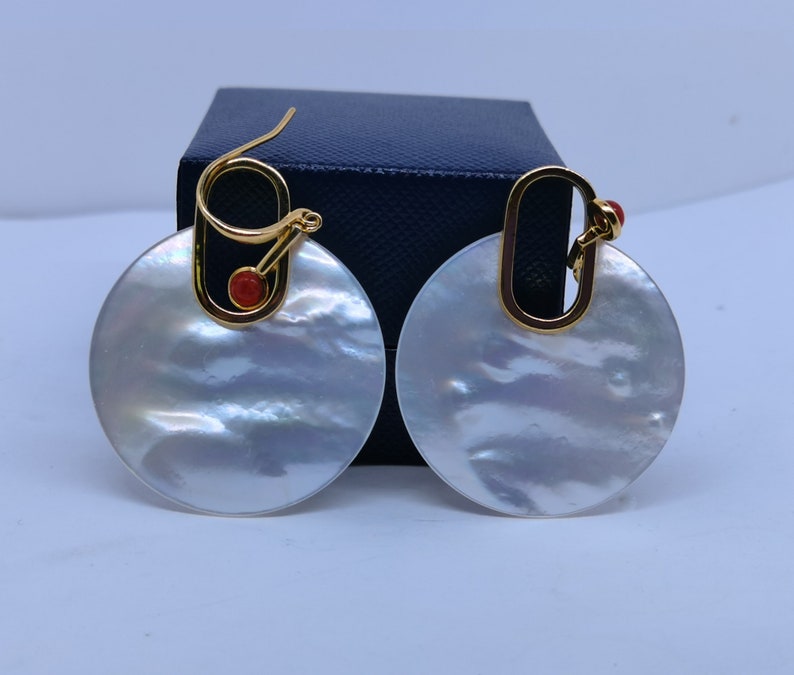 Mother of pearl earring ,Shell dangle earrings,Natural stone earrings ,Geometric Hoop Earrings Gold,925 Sterling Silver with plated 14K Gold image 5